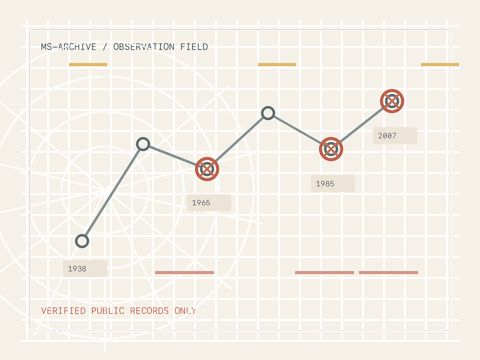 Abstract archival map with interrupted signal paths and evidence markers.